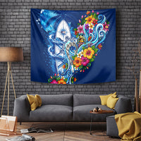 American Samoa Pago Pago Tapestry Sea Turtle And Fruit Bat - Tropical Hibiscus Flowers Polynesian TS04 Blue White - Polynesian Pride