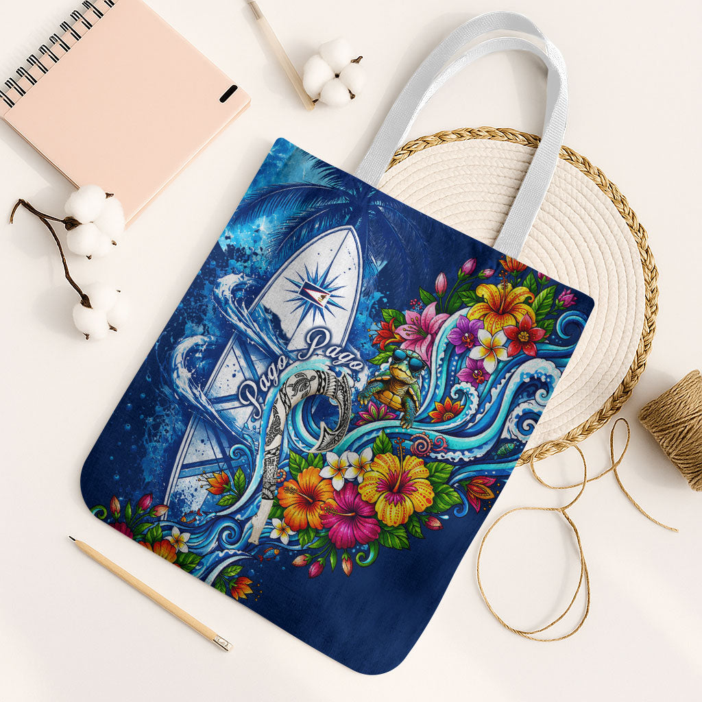 American Samoa Pago Pago Tote Bag Sea Turtle And Fruit Bat - Tropical Hibiscus Flowers Polynesian TS04 White Strap One Size Blue White - Polynesian Pride