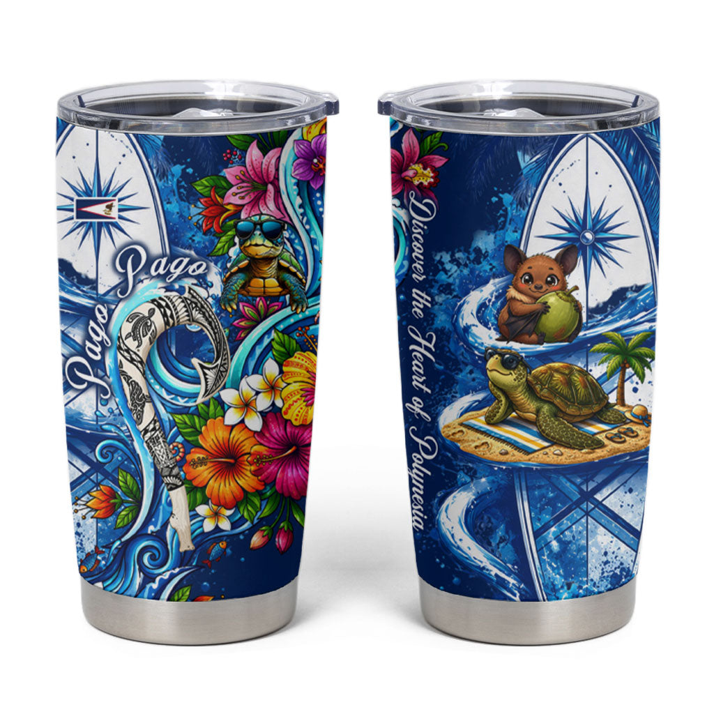American Samoa Pago Pago Tumbler Cup Sea Turtle And Fruit Bat - Tropical Hibiscus Flowers Polynesian TS04 Blue White - Polynesian Pride