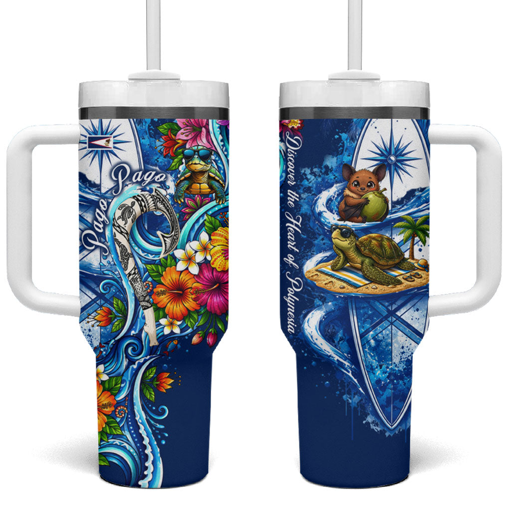 American Samoa Pago Pago Tumbler With Handle Sea Turtle And Fruit Bat - Tropical Hibiscus Flowers Polynesian TS04 One Size: 40 oz Blue White - Polynesian Pride