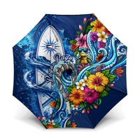 American Samoa Pago Pago Umbrella Sea Turtle And Fruit Bat - Tropical Hibiscus Flowers Polynesian TS04 One Size Folded 11.42 inch Opened Diameter 37.4 inch Blue White - Polynesian Pride