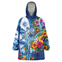 American Samoa Pago Pago Wearable Blanket Hoodie Sea Turtle And Fruit Bat - Tropical Hibiscus Flowers Polynesian TS04 One Size Blue White - Polynesian Pride