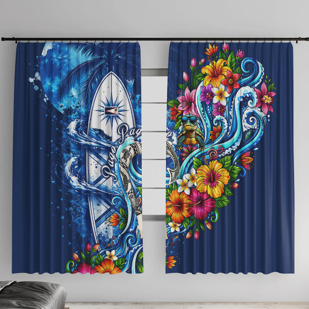 American Samoa Pago Pago Window Curtain Sea Turtle And Fruit Bat - Tropical Hibiscus Flowers Polynesian TS04 With Hooks Blue White - Polynesian Pride