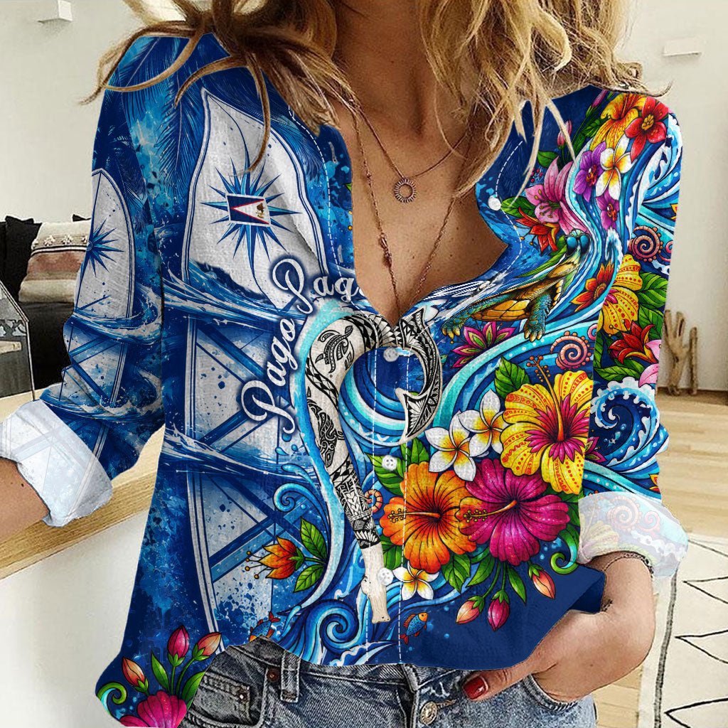 American Samoa Pago Pago Women Casual Shirt Sea Turtle And Fruit Bat - Tropical Hibiscus Flowers Polynesian TS04 Female Blue White - Polynesian Pride