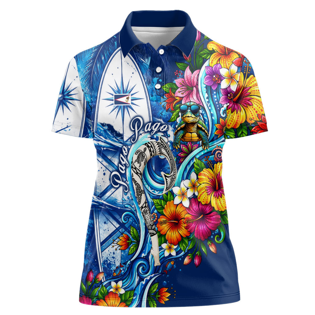 American Samoa Pago Pago Women Polo Shirt Sea Turtle And Fruit Bat - Tropical Hibiscus Flowers Polynesian TS04 Female Blue White - Polynesian Pride