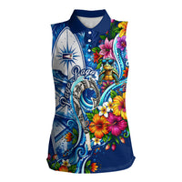 American Samoa Pago Pago Women Sleeveless Polo Shirt Sea Turtle And Fruit Bat - Tropical Hibiscus Flowers Polynesian TS04 Female Blue White - Polynesian Pride