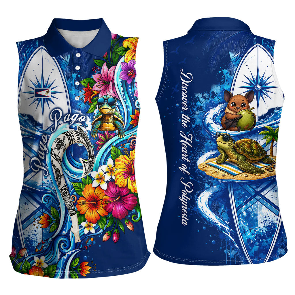 American Samoa Pago Pago Women Sleeveless Polo Shirt Sea Turtle And Fruit Bat - Tropical Hibiscus Flowers Polynesian TS04 - Polynesian Pride