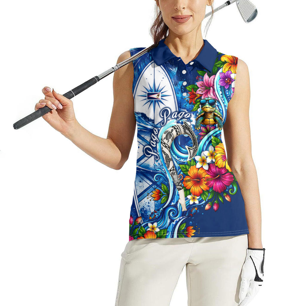 American Samoa Pago Pago Women Sleeveless Polo Shirt Sea Turtle And Fruit Bat - Tropical Hibiscus Flowers Polynesian TS04 - Polynesian Pride