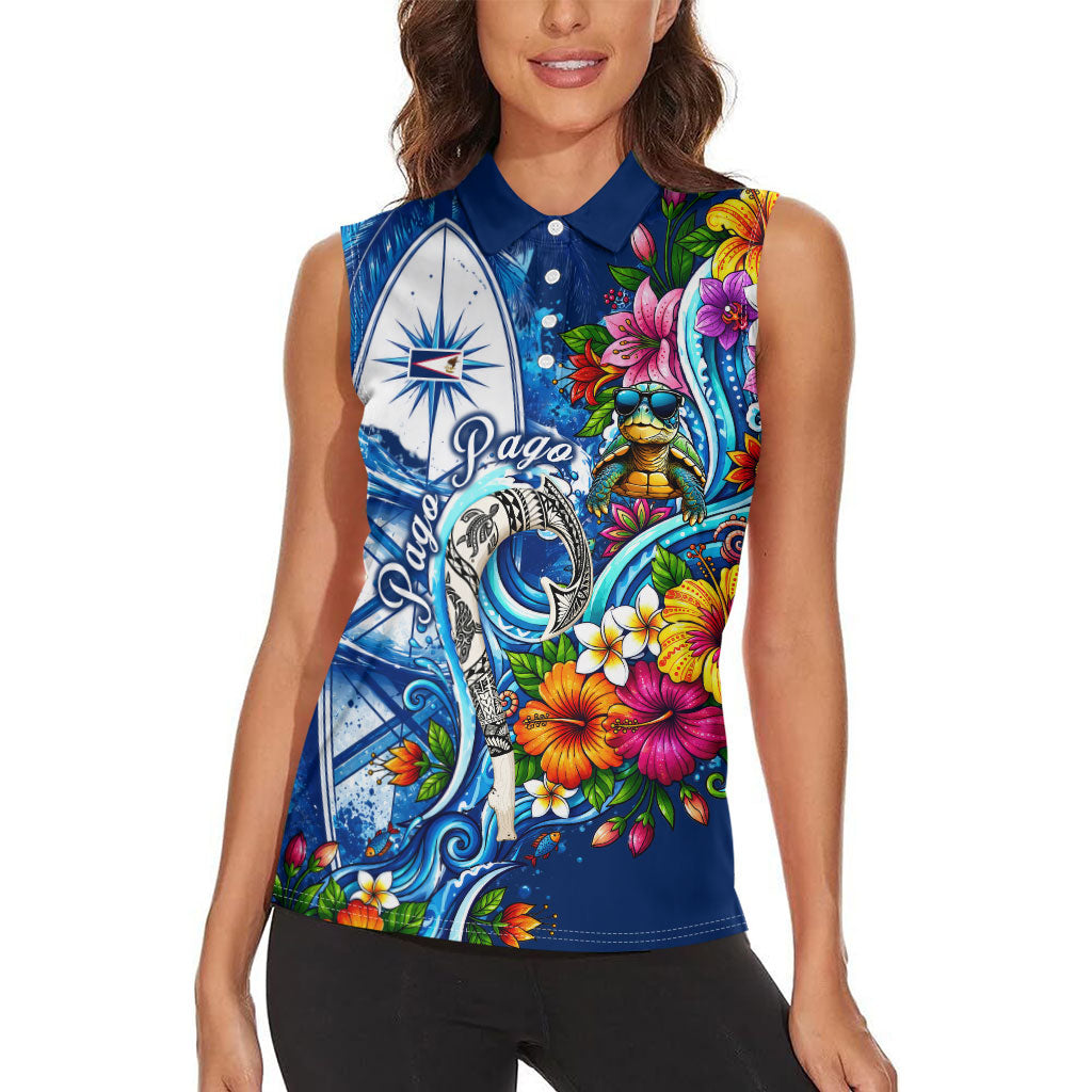 American Samoa Pago Pago Women Sleeveless Polo Shirt Sea Turtle And Fruit Bat - Tropical Hibiscus Flowers Polynesian TS04 - Polynesian Pride