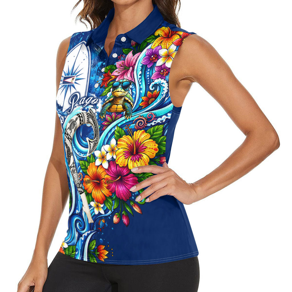 American Samoa Pago Pago Women Sleeveless Polo Shirt Sea Turtle And Fruit Bat - Tropical Hibiscus Flowers Polynesian TS04 - Polynesian Pride