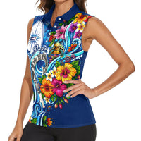 American Samoa Pago Pago Women Sleeveless Polo Shirt Sea Turtle And Fruit Bat - Tropical Hibiscus Flowers Polynesian TS04 - Polynesian Pride