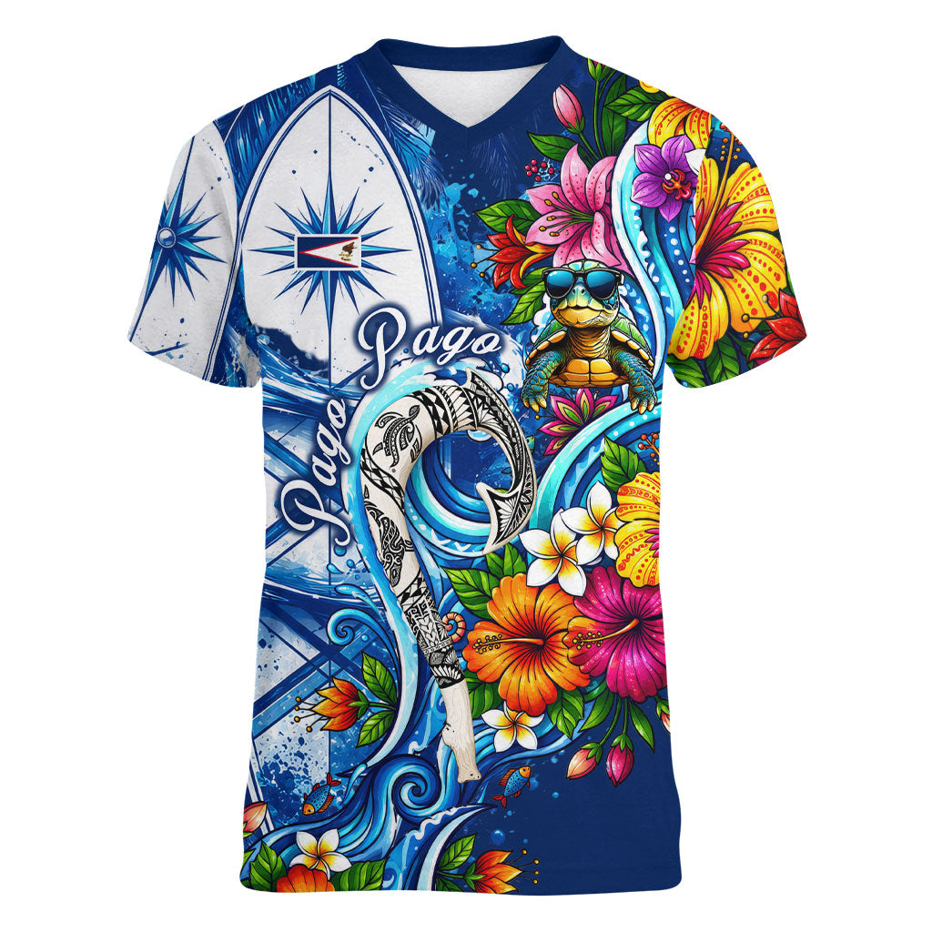 American Samoa Pago Pago Women V-Neck T-Shirt Sea Turtle And Fruit Bat - Tropical Hibiscus Flowers Polynesian TS04 Female Blue White - Polynesian Pride