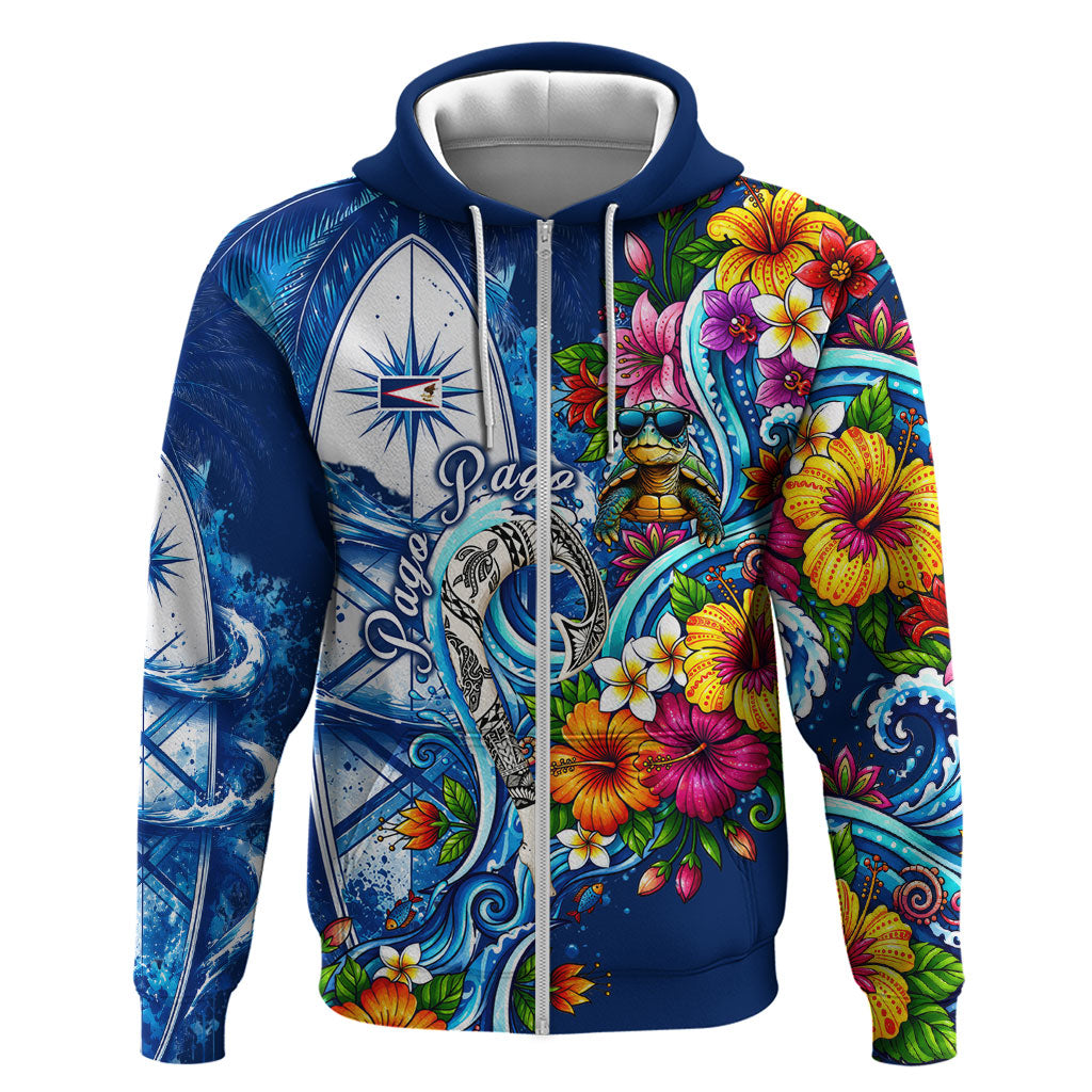 American Samoa Pago Pago Zip Hoodie Sea Turtle And Fruit Bat - Tropical Hibiscus Flowers Polynesian TS04 Zip Hoodie Blue White - Polynesian Pride