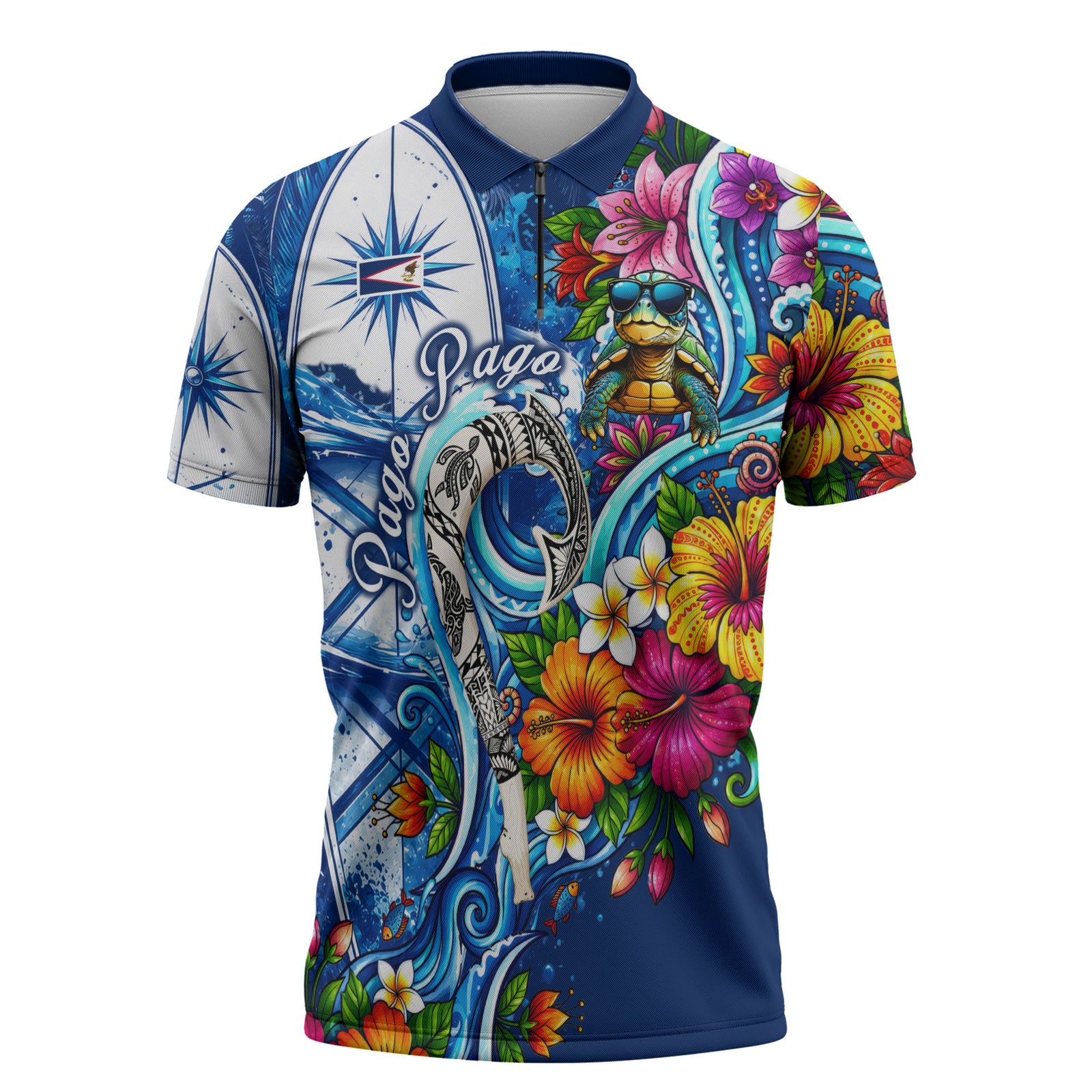 American Samoa Pago Pago Zipper Polo Shirt Sea Turtle And Fruit Bat - Tropical Hibiscus Flowers Polynesian TS04 Blue White - Polynesian Pride