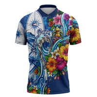 American Samoa Pago Pago Zipper Polo Shirt Sea Turtle And Fruit Bat - Tropical Hibiscus Flowers Polynesian TS04 Blue White - Polynesian Pride
