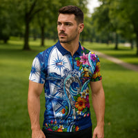 American Samoa Pago Pago Zipper Polo Shirt Sea Turtle And Fruit Bat - Tropical Hibiscus Flowers Polynesian TS04 - Polynesian Pride