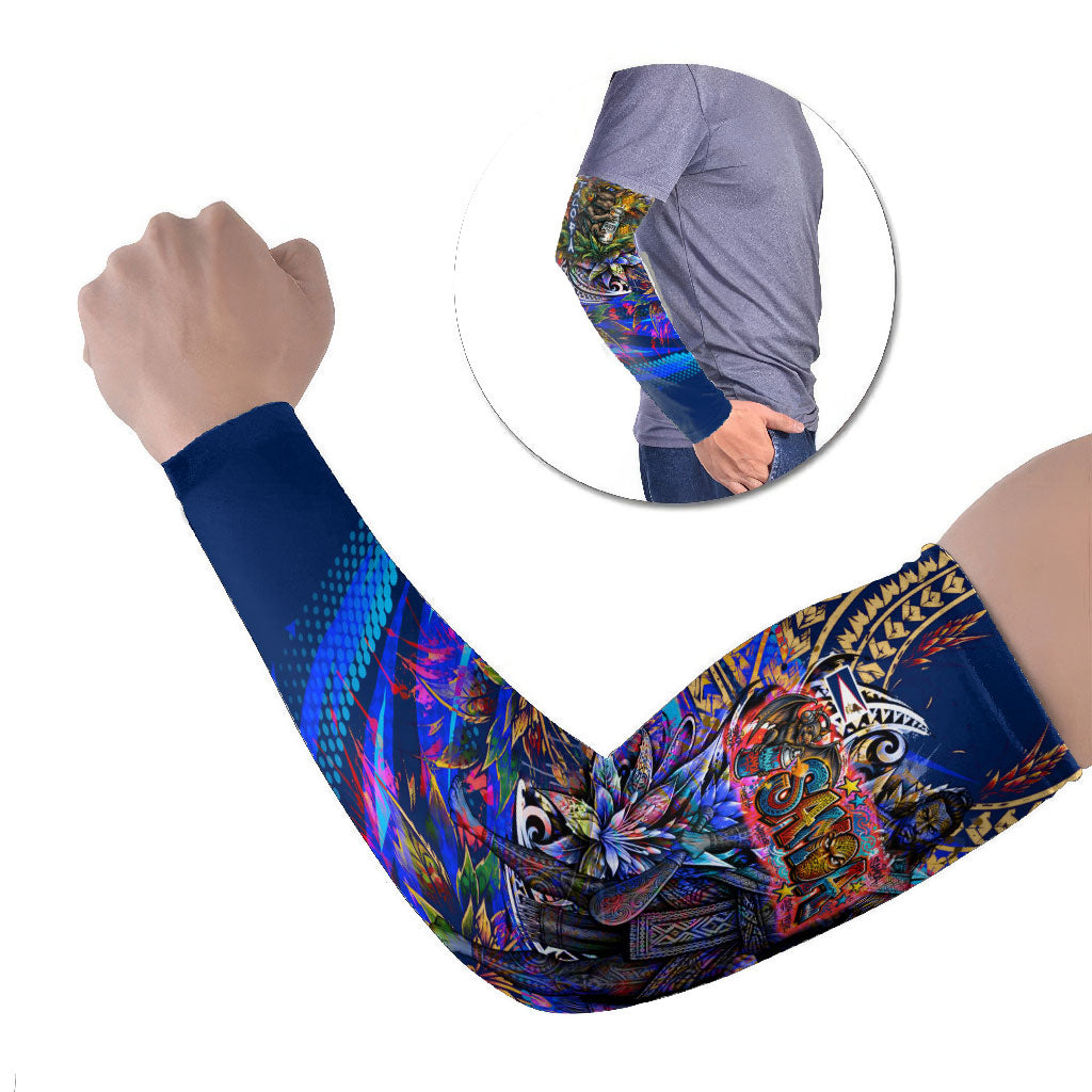 American Samoa Warrior Arm Sleeves Polynesian Fruit Bat Talofa Urban Graffiti Street Art TS04 Set of 2 Blue Yellow - Polynesian Pride