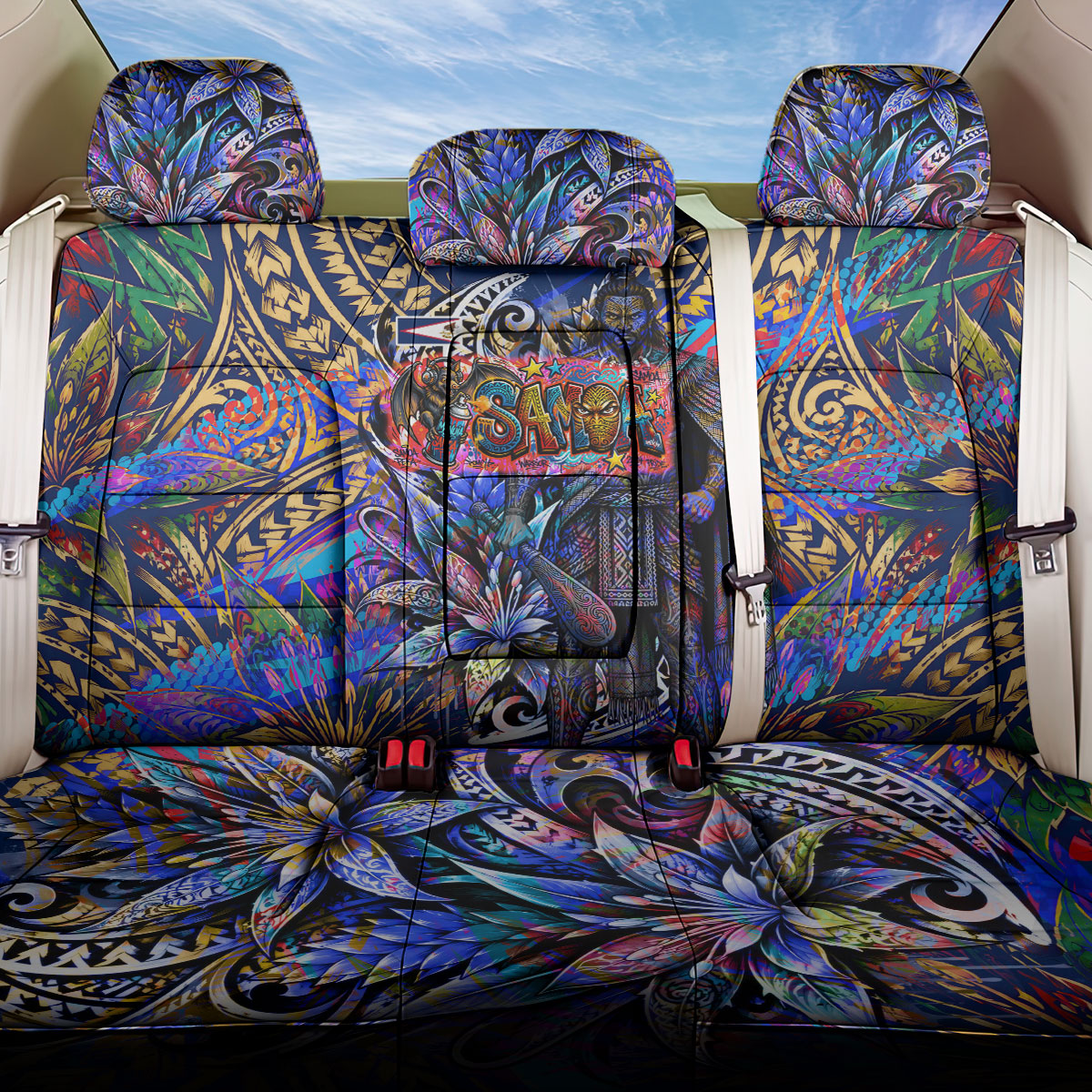 American Samoa Warrior Back Car Seat Cover Polynesian Fruit Bat Talofa Urban Graffiti Street Art TS04 One Size Blue Yellow - Polynesian Pride