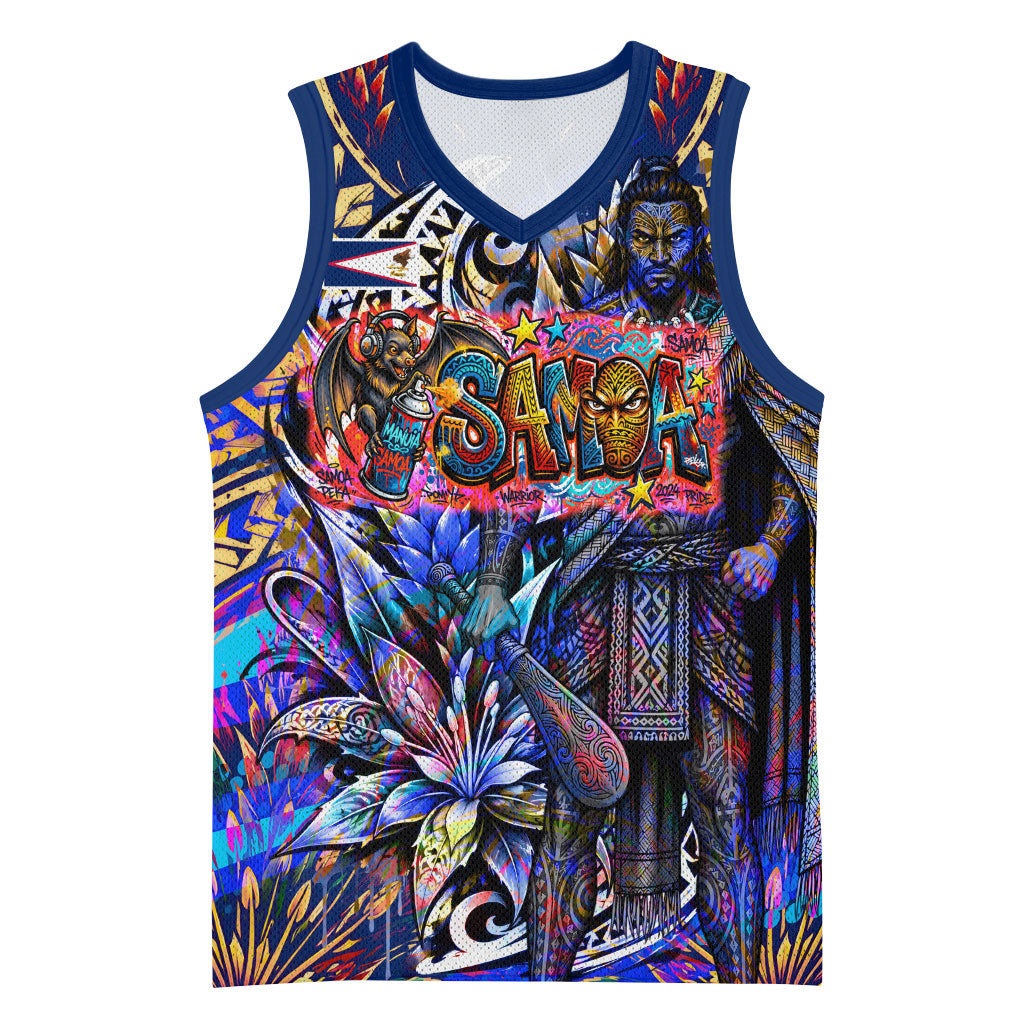 American Samoa Warrior Basketball Jersey Polynesian Fruit Bat Talofa Urban Graffiti Street Art TS04 Unisex Blue Yellow - Polynesian Pride