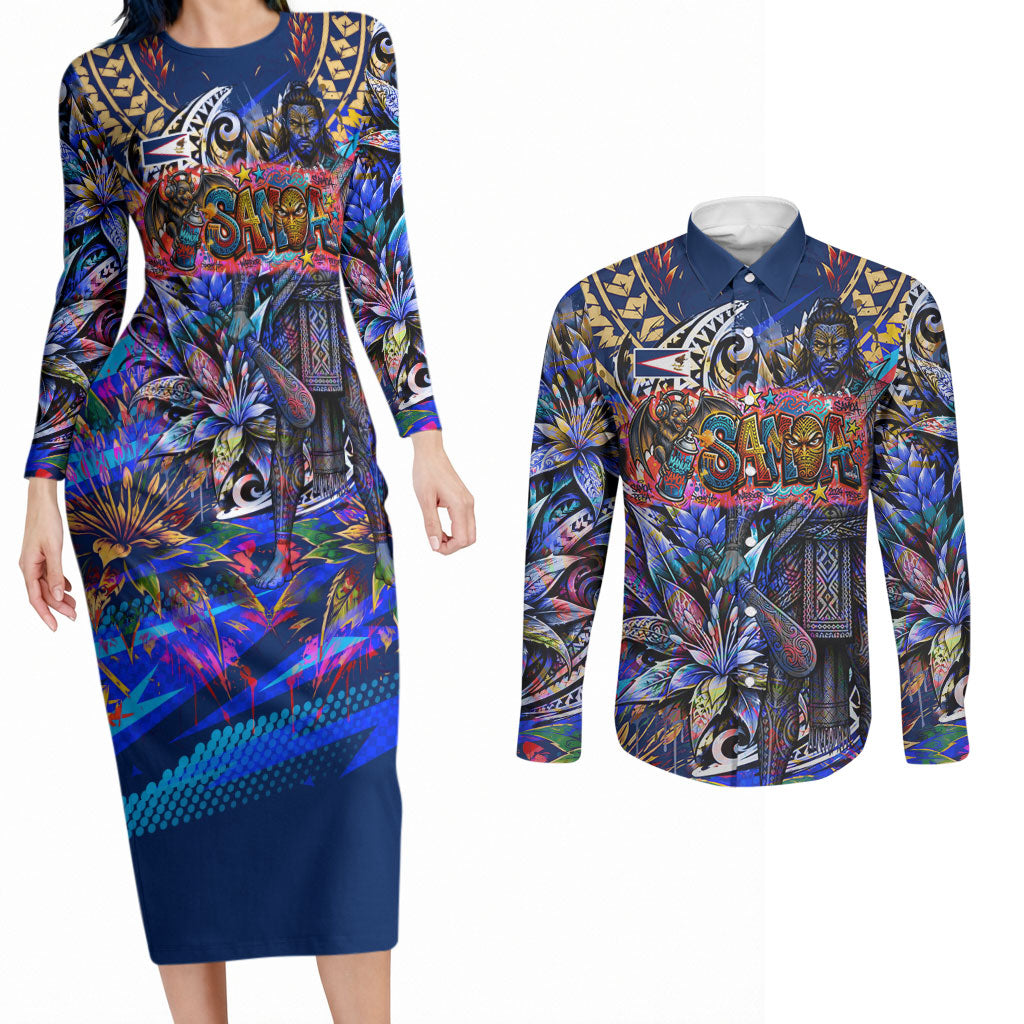 American Samoa Warrior Couples Matching Long Sleeve Bodycon Dress and Long Sleeve Button Shirt Polynesian Fruit Bat Talofa Urban Graffiti Street Art TS04 Blue Yellow - Polynesian Pride