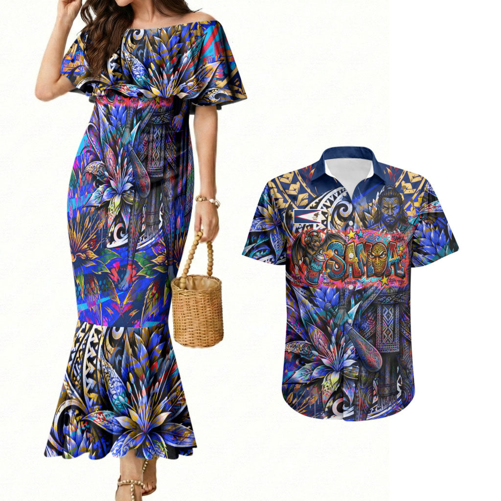 American Samoa Warrior Couples Matching Mermaid Dress and Hawaiian Shirt Polynesian Fruit Bat Talofa Urban Graffiti Street Art TS04 Blue Yellow - Polynesian Pride