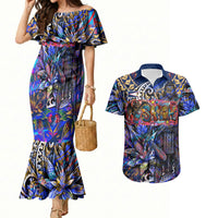American Samoa Warrior Couples Matching Mermaid Dress and Hawaiian Shirt Polynesian Fruit Bat Talofa Urban Graffiti Street Art TS04 Blue Yellow - Polynesian Pride