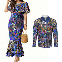 American Samoa Warrior Couples Matching Mermaid Dress and Long Sleeve Button Shirt Polynesian Fruit Bat Talofa Urban Graffiti Street Art TS04 Blue Yellow - Polynesian Pride