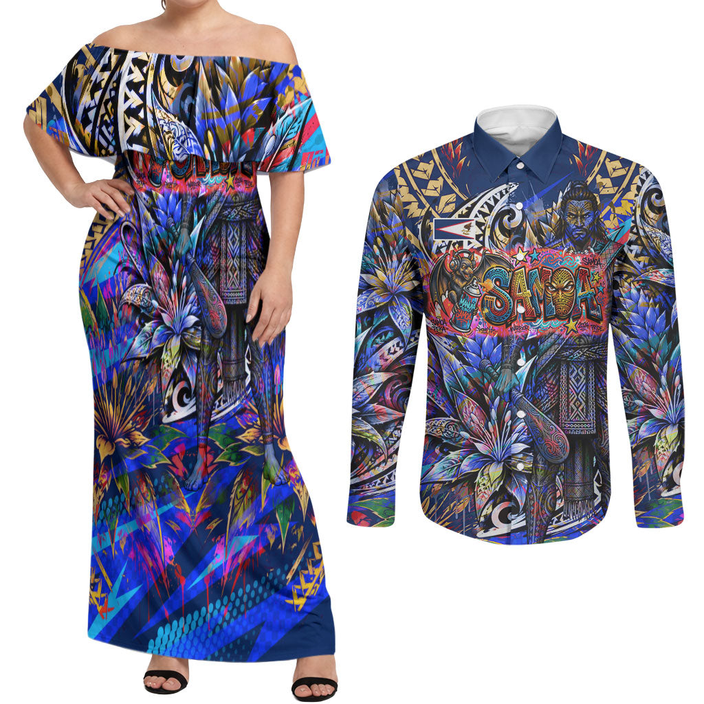 American Samoa Warrior Couples Matching Off Shoulder Maxi Dress and Long Sleeve Button Shirt Polynesian Fruit Bat Talofa Urban Graffiti Street Art TS04 Blue Yellow - Polynesian Pride