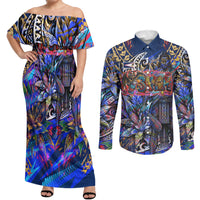 American Samoa Warrior Couples Matching Off Shoulder Maxi Dress and Long Sleeve Button Shirt Polynesian Fruit Bat Talofa Urban Graffiti Street Art TS04 Blue Yellow - Polynesian Pride