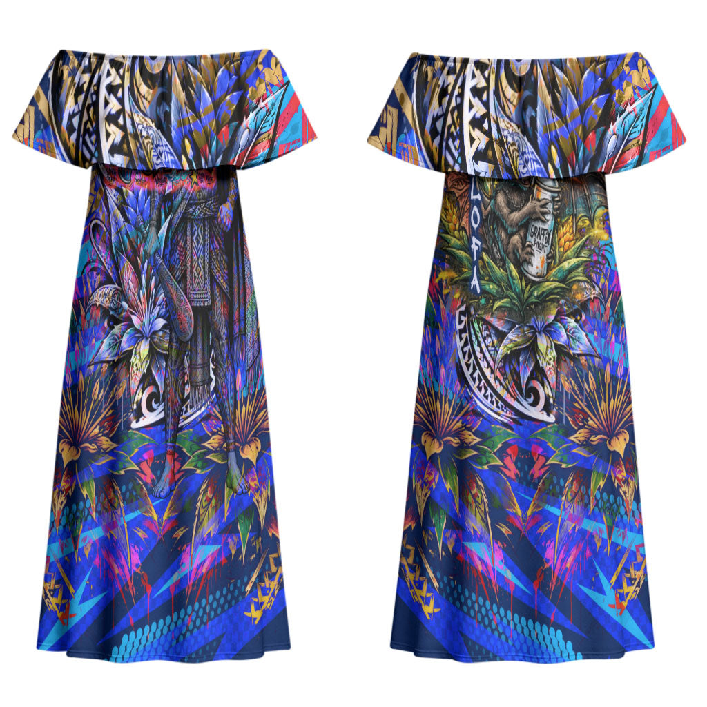 American Samoa Warrior Couples Matching Off Shoulder Maxi Dress and Long Sleeve Button Shirt Polynesian Fruit Bat Talofa Urban Graffiti Street Art TS04 - Polynesian Pride