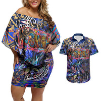 American Samoa Warrior Couples Matching Off Shoulder Short Dress and Hawaiian Shirt Polynesian Fruit Bat Talofa Urban Graffiti Street Art TS04 Blue Yellow - Polynesian Pride