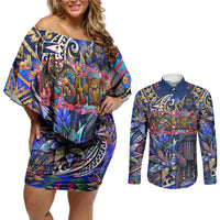 American Samoa Warrior Couples Matching Off Shoulder Short Dress and Long Sleeve Button Shirt Polynesian Fruit Bat Talofa Urban Graffiti Street Art TS04 Blue Yellow - Polynesian Pride