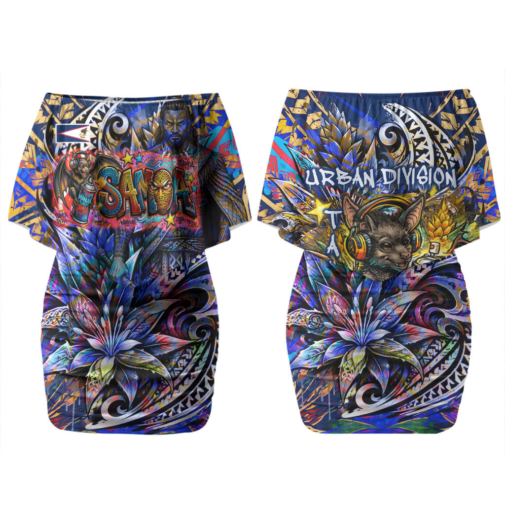 American Samoa Warrior Couples Matching Off Shoulder Short Dress and Long Sleeve Button Shirt Polynesian Fruit Bat Talofa Urban Graffiti Street Art TS04 - Polynesian Pride