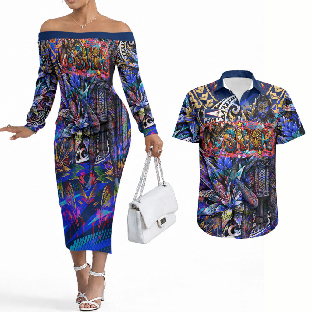 American Samoa Warrior Couples Matching Off The Shoulder Long Sleeve Dress and Hawaiian Shirt Polynesian Fruit Bat Talofa Urban Graffiti Street Art TS04 Blue Yellow - Polynesian Pride