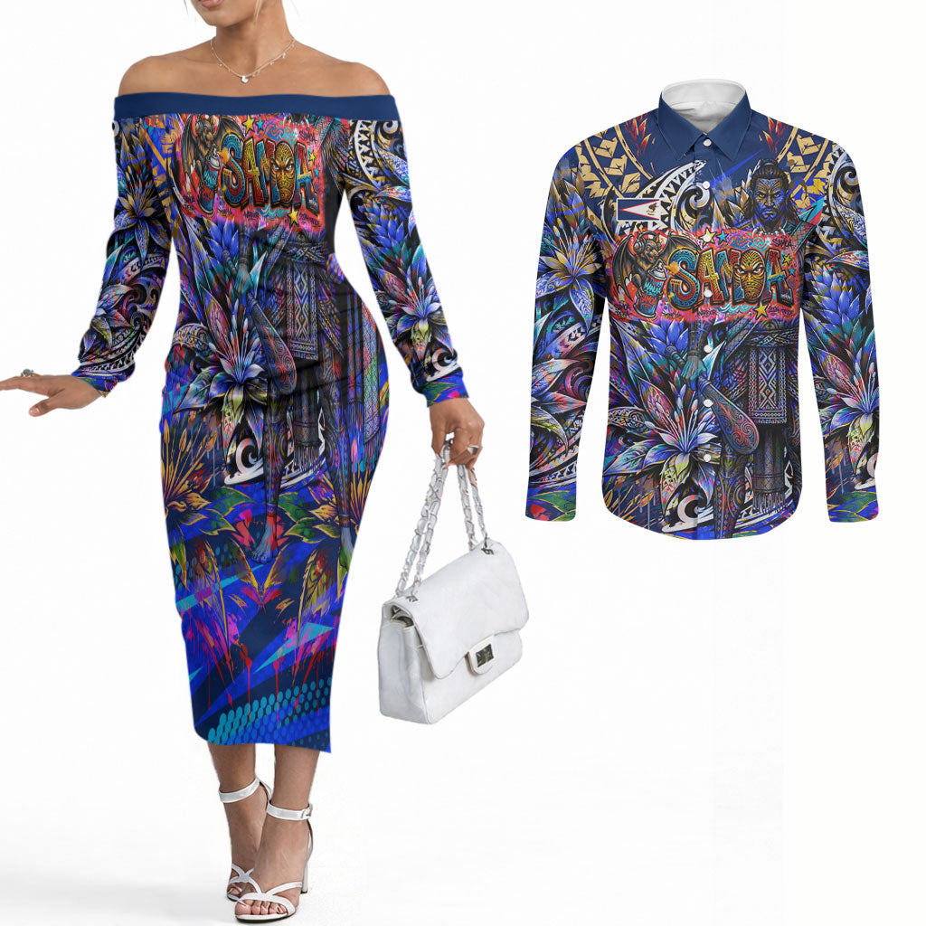 American Samoa Warrior Couples Matching Off The Shoulder Long Sleeve Dress and Long Sleeve Button Shirt Polynesian Fruit Bat Talofa Urban Graffiti Street Art TS04 Blue Yellow - Polynesian Pride