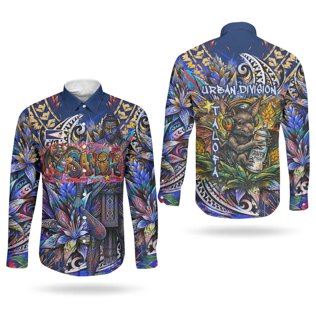 American Samoa Warrior Couples Matching Off The Shoulder Long Sleeve Dress and Long Sleeve Button Shirt Polynesian Fruit Bat Talofa Urban Graffiti Street Art TS04 - Polynesian Pride
