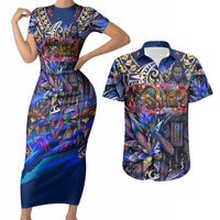 American Samoa Warrior Couples Matching Short Sleeve Bodycon Dress and Hawaiian Shirt Polynesian Fruit Bat Talofa Urban Graffiti Street Art TS04 Blue Yellow - Polynesian Pride