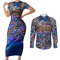 American Samoa Warrior Couples Matching Short Sleeve Bodycon Dress and Long Sleeve Button Shirt Polynesian Fruit Bat Talofa Urban Graffiti Street Art TS04 Blue Yellow - Polynesian Pride