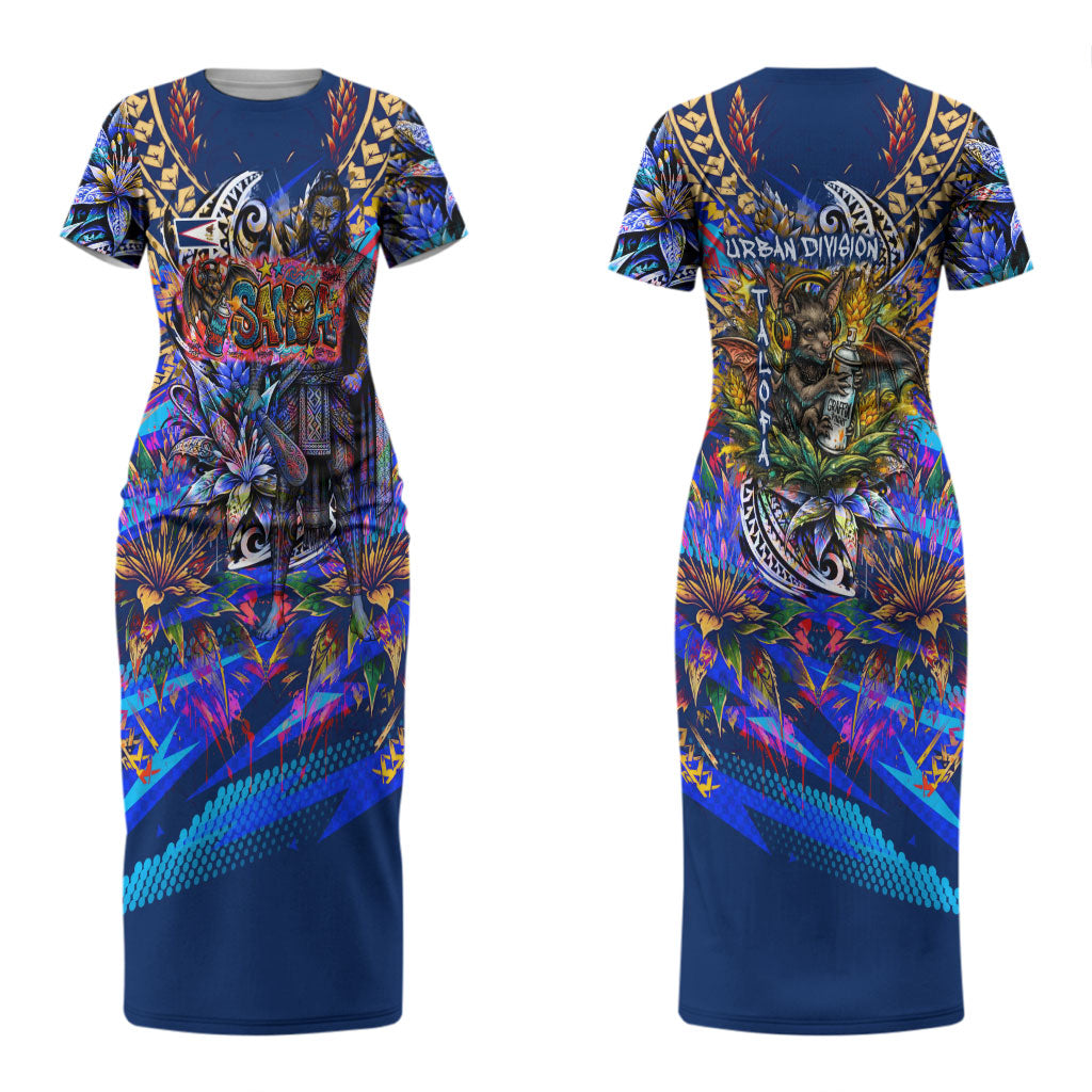 American Samoa Warrior Couples Matching Short Sleeve Bodycon Dress and Long Sleeve Button Shirt Polynesian Fruit Bat Talofa Urban Graffiti Street Art TS04 - Polynesian Pride
