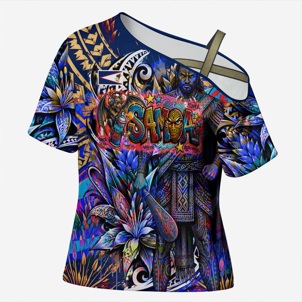 American Samoa Warrior Cross Shoulder Shirt Polynesian Fruit Bat Talofa Urban Graffiti Street Art TS04 Female Blue Yellow - Polynesian Pride