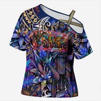 American Samoa Warrior Cross Shoulder Shirt Polynesian Fruit Bat Talofa Urban Graffiti Street Art TS04 Female Blue Yellow - Polynesian Pride