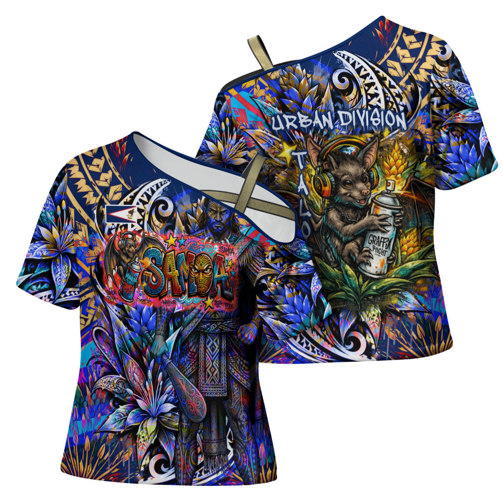 American Samoa Warrior Cross Shoulder Shirt Polynesian Fruit Bat Talofa Urban Graffiti Street Art TS04 - Polynesian Pride