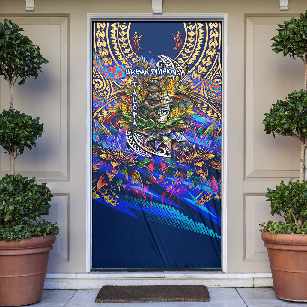 American Samoa Warrior Door Cover Polynesian Fruit Bat Talofa Urban Graffiti Street Art TS04 Blue Yellow - Polynesian Pride