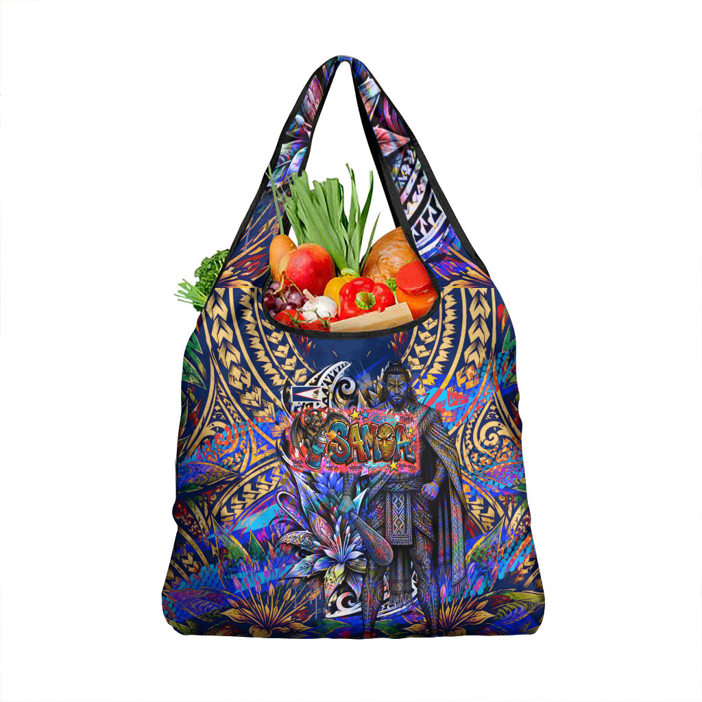 American Samoa Warrior Grocery Bag Polynesian Fruit Bat Talofa Urban Graffiti Street Art TS04 1-pack One Size Blue Yellow - Polynesian Pride