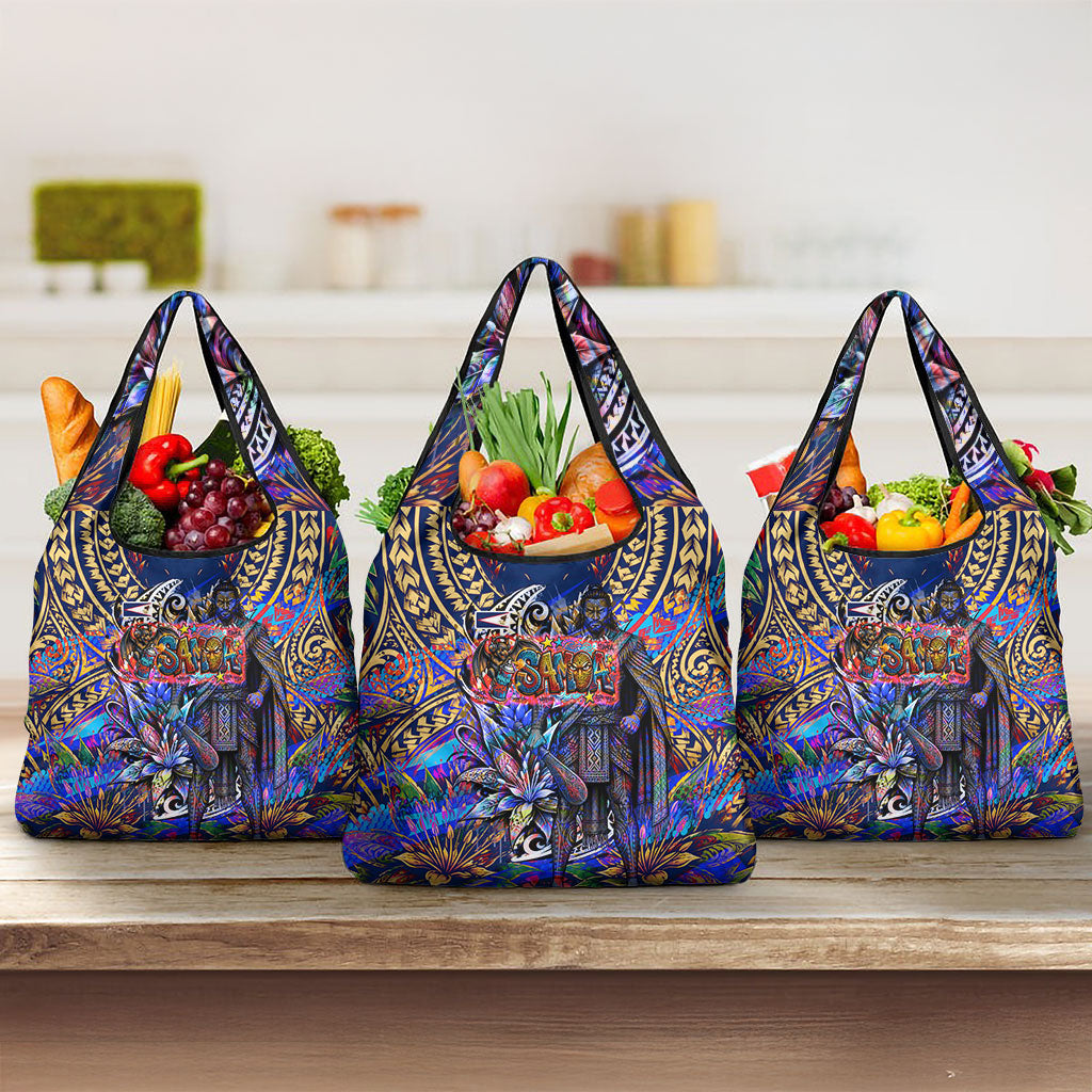 American Samoa Warrior Grocery Bag Polynesian Fruit Bat Talofa Urban Graffiti Street Art TS04 3-pack One Size Blue Yellow - Polynesian Pride