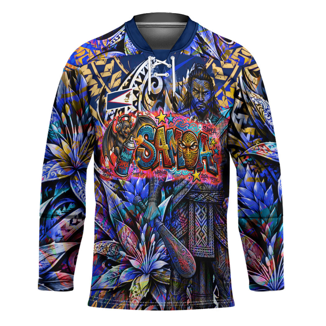 American Samoa Warrior Hockey Jersey Polynesian Fruit Bat Talofa Urban Graffiti Street Art TS04 Unisex Blue Yellow - Polynesian Pride