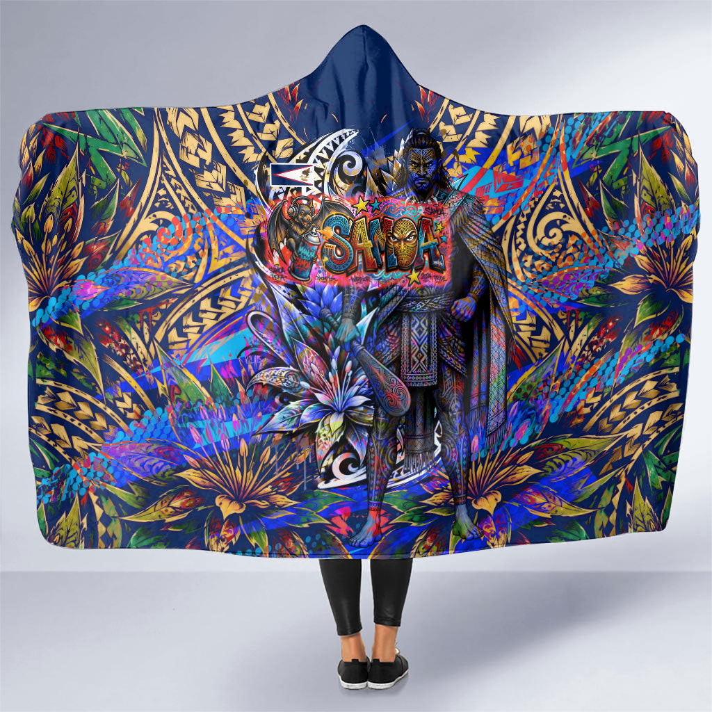 American Samoa Warrior Hooded Blanket Polynesian Fruit Bat Talofa Urban Graffiti Street Art TS04 One Size Blue Yellow - Polynesian Pride