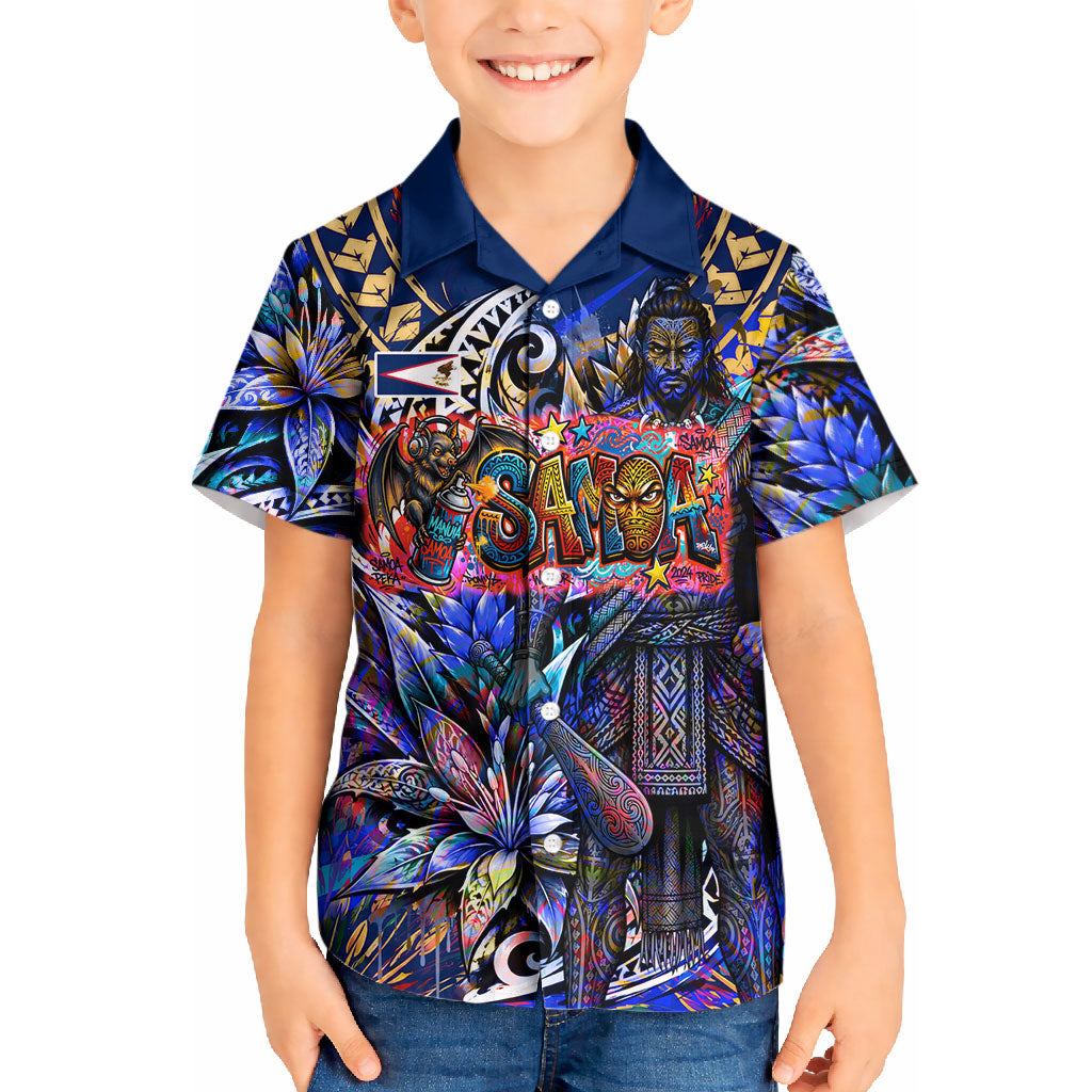 American Samoa Warrior Kid Hawaiian Shirt Polynesian Fruit Bat Talofa Urban Graffiti Street Art TS04 Kid Blue Yellow - Polynesian Pride
