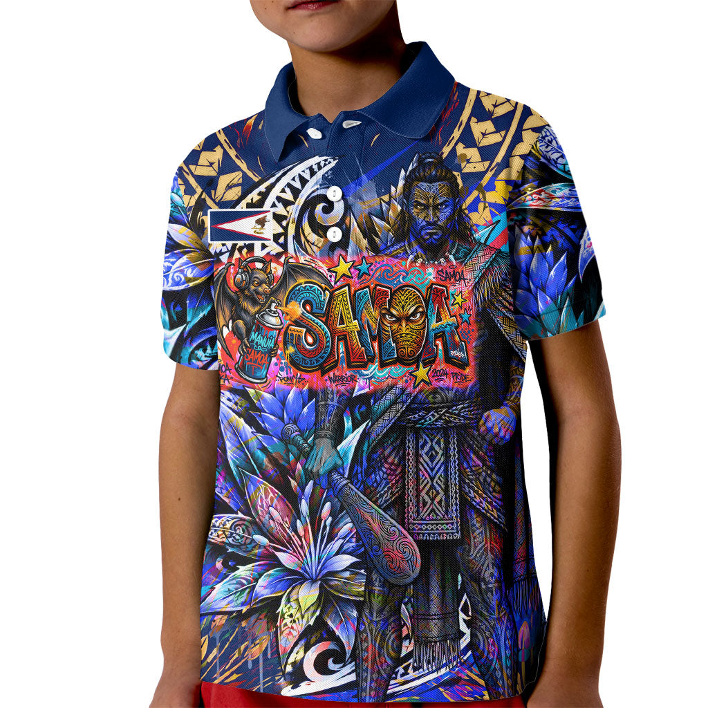 American Samoa Warrior Kid Polo Shirt Polynesian Fruit Bat Talofa Urban Graffiti Street Art TS04 Kid Blue Yellow - Polynesian Pride