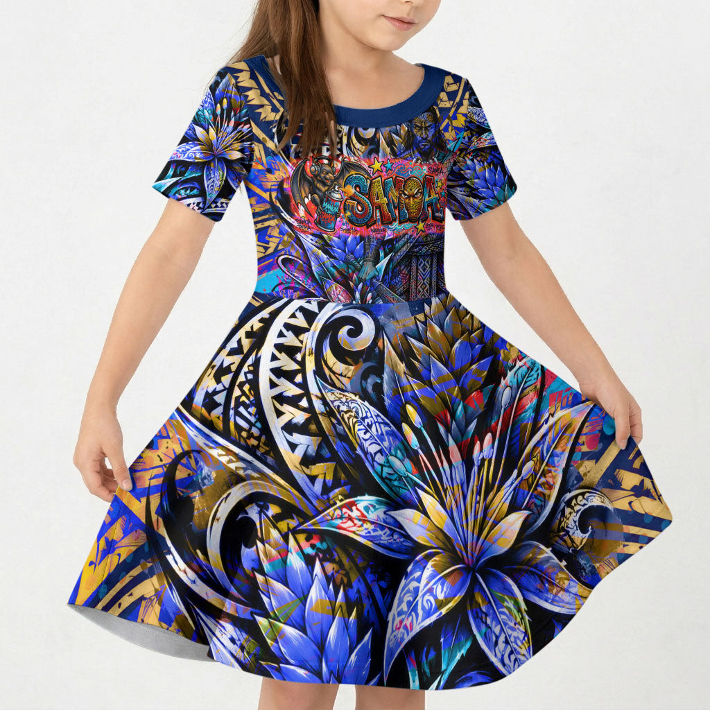 American Samoa Warrior Kid Short Sleeve Dress Polynesian Fruit Bat Talofa Urban Graffiti Street Art TS04 KID Blue Yellow - Polynesian Pride